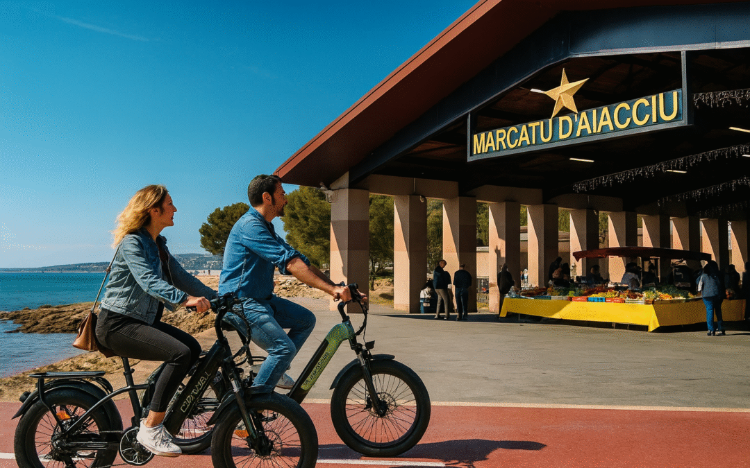 couple en vélo électrique longeant la piste cyclable du bord de mer en direction du marché d'Ajaccio